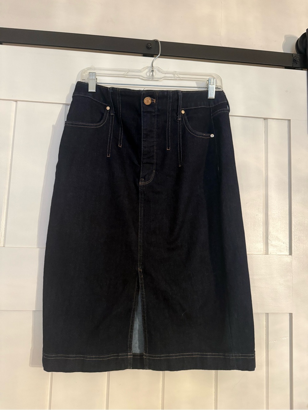 White House Black Market Black Denim Midi Skirt with Center Slit